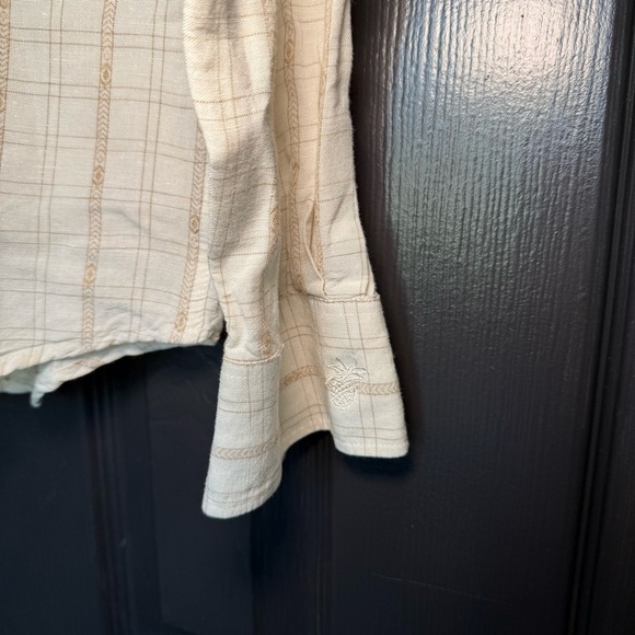 Cubavera Large Stone Beige+ Tan Aztec Plaid Khaki Trim Linen Rayon BD Shirt M - Picture 4 of 10